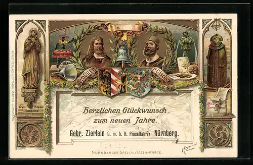 Präge-AK Nürnberg, Stadtwappen, Peter Vischer & Albrecht Dürern, Madonna & Eiserne Jungfrau