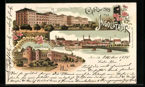 Lithographie Ingolstadt, Cavalier Heydeck, Friedenskaserne A & B., Gesamtansicht