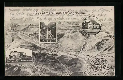 AK Dettingen, Landkarte des Ermstales aus der Vogelschau, Haus St. Johann, Uracher Wasserfall