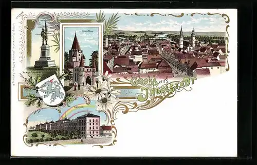 Lithographie Ingolstadt, Kaserne, Kreuzthor, Kriegerdenkmal, Gesamtansicht