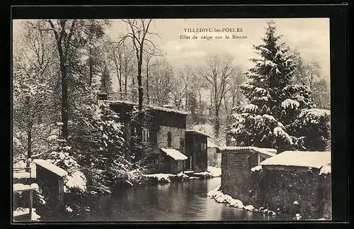 AK Villedieu-les-Poeles, Effet de neige sur la Sienne