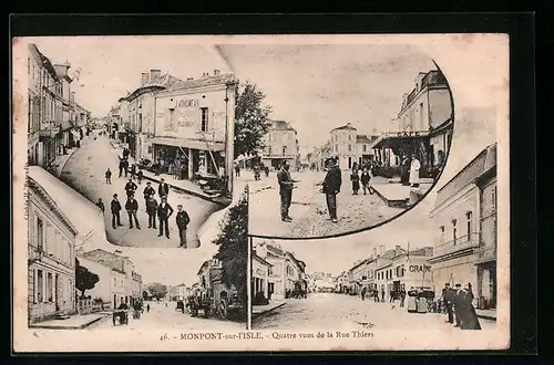 AK Monpont-sur-l`Isle, Quatre vues de la Rue Thiers