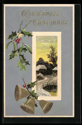 AK Idyllische Landschaft zu Weihnachten, Glocken und Stechpalmenzweige