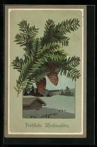 AK Tannenzweige mit verschneiter Landschaft zu Weihnachten