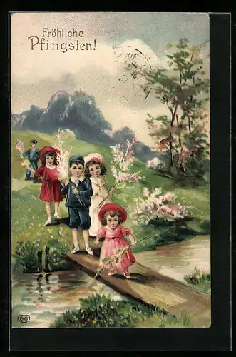 AK Kinder mit Zweigen an einer Planke, Pfingstgruss