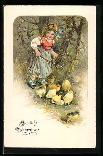 AK Mädchen mit Osterküken im Wald