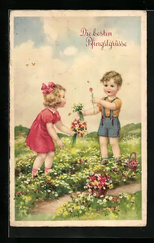 AK Kinder pflücken Blumen zu Pfingsten