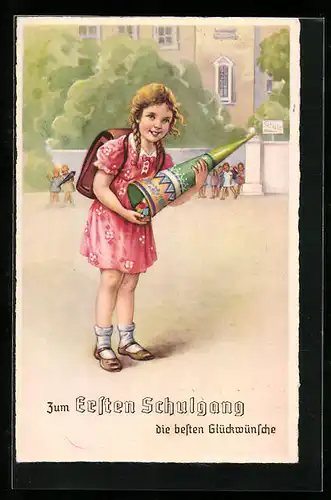AK Zum ersten Schulgang die besten Glückwünsche, Mädchen mit Schultüte