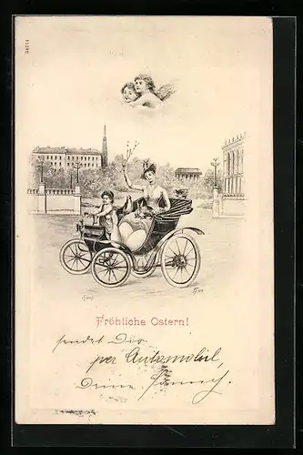 AK Osterhase mit Dame in der Kutsche