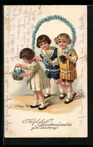 AK Kinder streuen Vergissmeinnicht zum Geburtstag