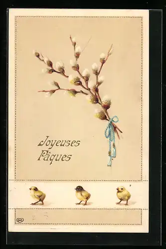 AK Osterküken mit Palmkätzchenzweig