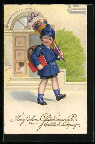 Künstler-AK Glückwünsche zum Schulanfang, Kind mit Schultüte und Buch in der Hand