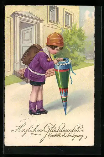 AK Kleiner Junge mit Ranzen und Schultüte, Glückwunsch zum Schulanfang
