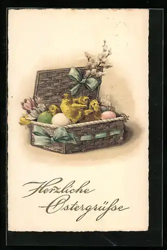 AK Osterküken sitzen im Korb