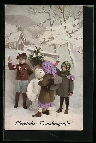 AK Kinder bauen einen Schneemann