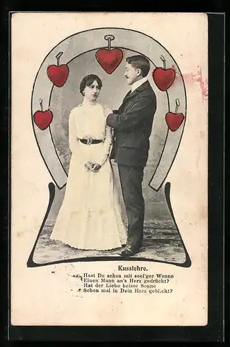 AK Liebespaar mit Herzen, Kusslehre