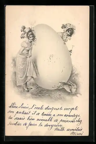 AK Damen mit Osterei und Osterhasen