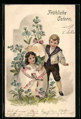 AK Mädchen im Osterei mit Vergissmeinnicht