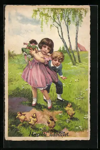 AK Kinder mit Osterküken zum Fest