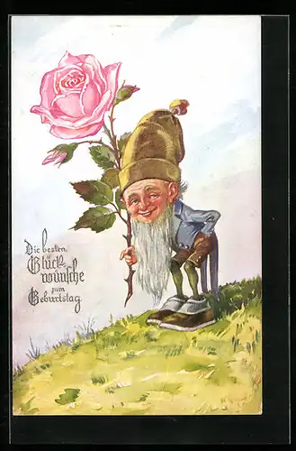 Künstler-AK Zwerg mit grosser Rose