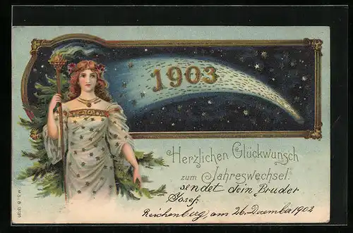 AK Dame mit Fackel zum Jahreswechsel, Jahreszahl 1903