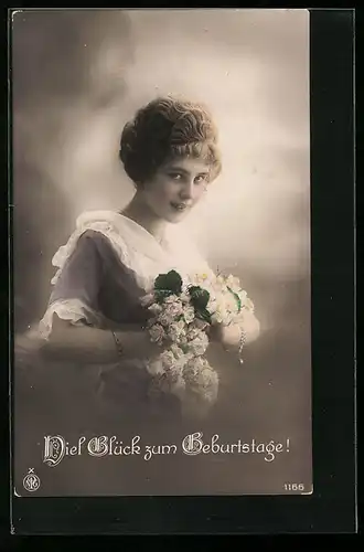 Foto-AK NPG Nr. 1166: Maid mit Blumen, Geburtstagsgruss