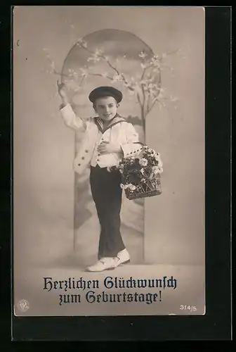 Foto-AK NPG Nr. 341 /5: Geburtstagsgruss, Bub mit Blumenkorb in Matrosenjacke