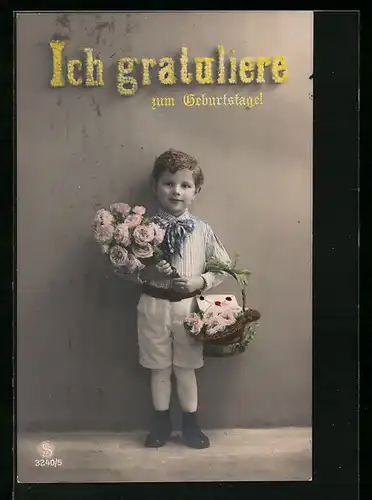 Foto-AK L.J. & F.F. Nr. 3240 /5: Kleiner Gratulant mit Rosenstrauss