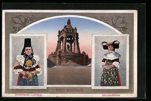 AK Porta Westfalica, Schaumburg-Lipperin und Bückeburgerin in Tracht, Kaiser Wilhelm Denkmal