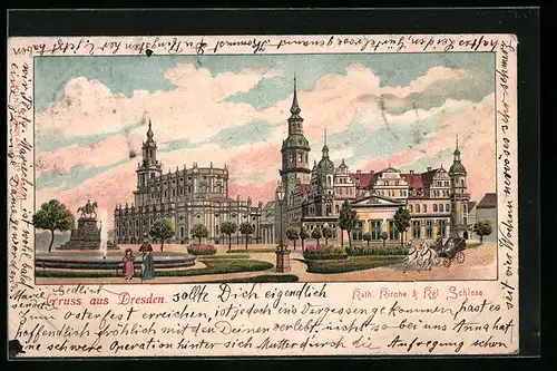 Lithographie Dresden, Katholische Kirche und Königliches Schloss mit Anlagen