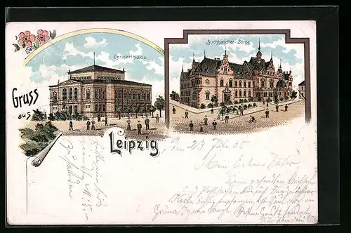 Lithographie Leipzig, Concerthaus und Buchhändler-Börse mit Strasse