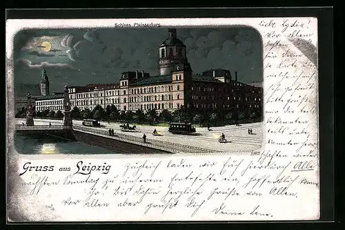 Mondschein-Lithographie Leipzig, Schloss Pleissenburg mit Strassenbahnen und Brücke