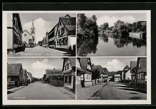 AK Neuburg /Pfalz, Hauptstrasse, die Kehl, Strassenpartie mit Kirche und Schule