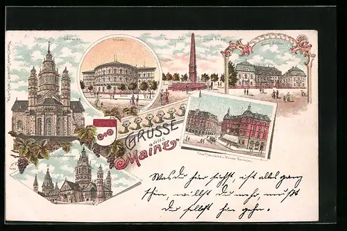 Lithographie Mainz, Dom, Neubrunnen, Gasthaus Neue Rheinische und Mainzer Bierhallen, Wappen