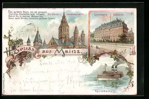 Lithographie Mainz, Dom, Grossherz. Schloss, Rheindampfer