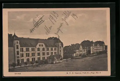 AK Mainz, GFZ Kaserne, Fuss-Art.-Regt. No. 3 mit Strasse