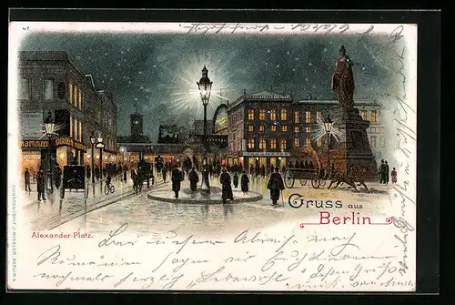 Lithographie Berlin, Alexanderplatz mit Denkmal und Laterne bei Nacht