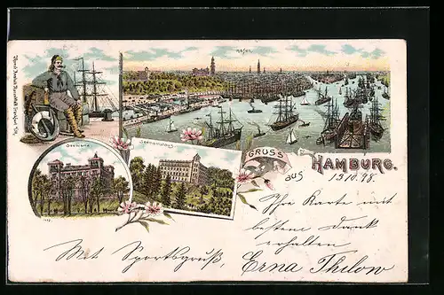 Lithographie Hamburg, Hafen, Seewarte, Seemannshaus