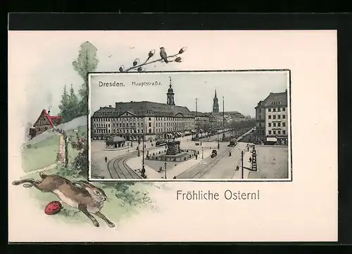 Künstler-AK Dresden, Hauptstrasse, Springender Osterhase, Ostergruss