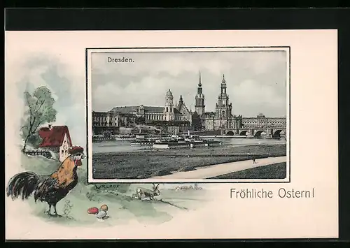 Künstler-AK Dresden, Hahn mit Ostereiern und Hase, Panorama mit Brücke, Ostergruss