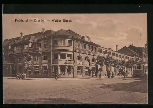 AK Dresden-Weisser Hirsch, Strassenpartie mit Parkhotel und Strassenbahn