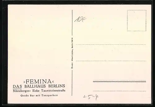 Künstler-AK Berlin, Gasthaus Ballhaus Femina in der Nürnberger Strasse, Wiener Bar, Art Deco