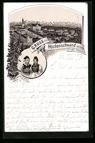 Lithographie Höchenschwand /Bad. Schwarzwald, Ortsansicht aus der Vogelschau, Paar in Tracht