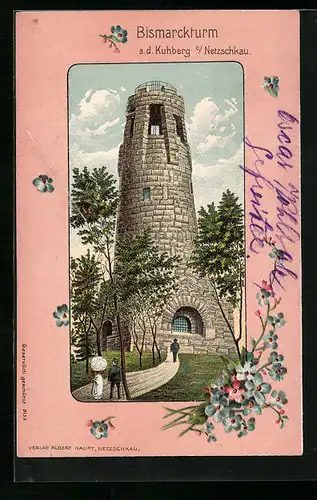 Lithographie Netzschkau, Bismarckturm auf dem Kuhberg