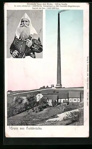 AK Halsbrücke, Höchste Esse der Erde, Bergmann in Tracht