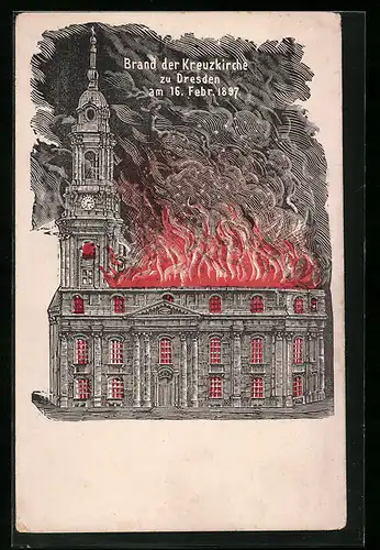Lithographie Dresden, Brand der Kreuzkirche am 16.02.1897