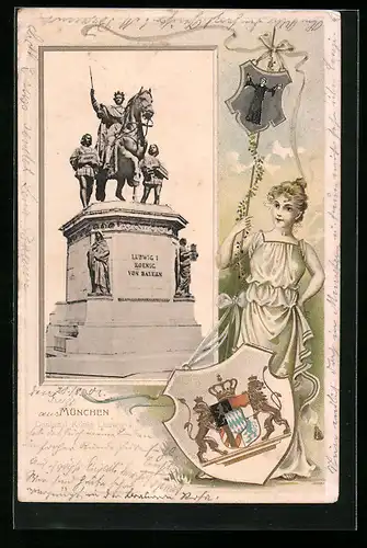 Passepartout-Lithographie München, Denkmal König Ludwig I., Wappen