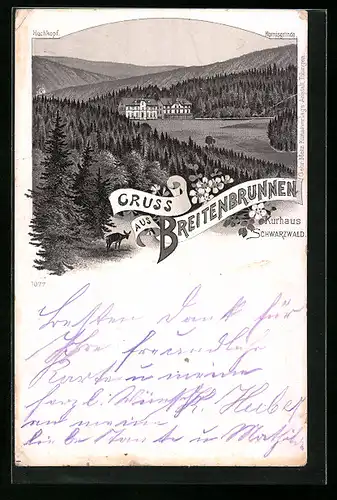 Lithographie Breitenbrunnen, Kurhaus Schwarzwald mit Hochkopf und Hornisgrinde
