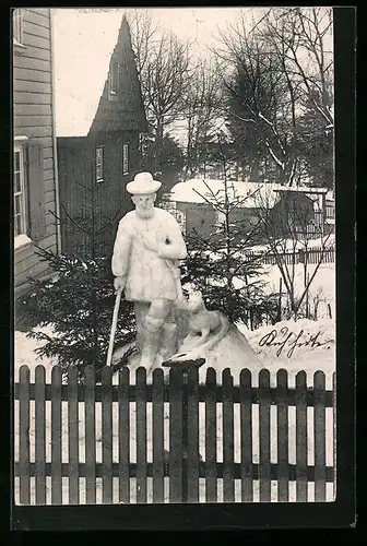 AK Zellerfeld, Schneeplastik in Gestalt eines Jägers mit Hund
