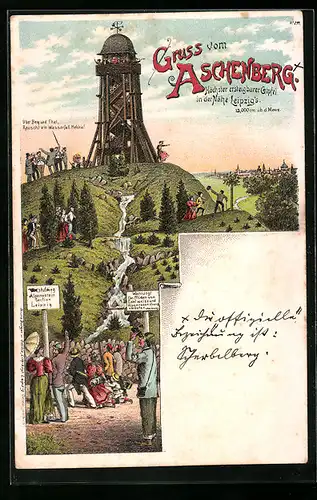 Lithographie Leipzig, Bergsteiger am Aschenberg, Aussichtsturm